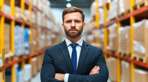 A confident man in a suit stands in a warehouse, arms crossed, surrounded by stacked boxes and shelves.