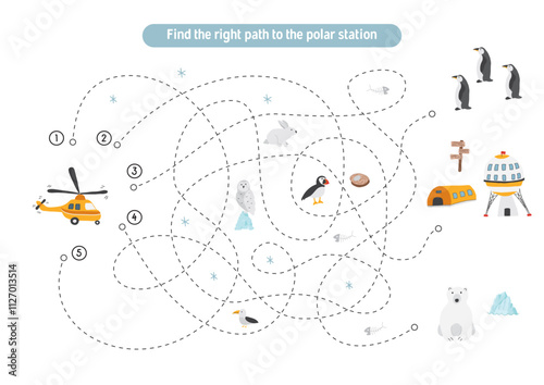 Labyrinth, Maze game for children. Logical puzzle for kids. Quest to find the right path for a helicopter to polar station. Vector illustration.