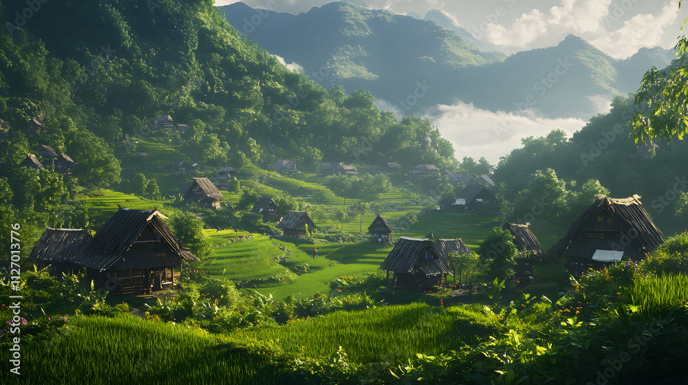 custom made wallpaper toronto digitalA Hmong Village in the Mountains: A Picture of Harmony Between Traditional Living and Nature's Beauty