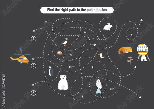 Labyrinth, Maze game for children. Logical puzzle for kids. Quest to find the right path for a helicopter to polar station. Vector illustration.