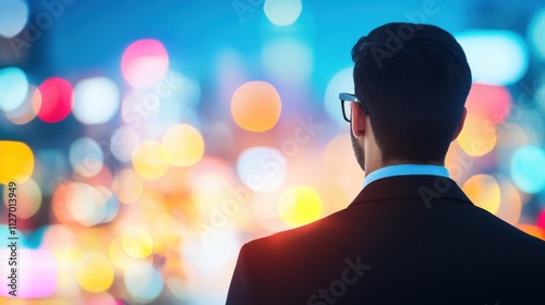 A man in a suit gazes at a vibrant cityscape filled with colorful lights, reflecting a sense of ambition and urban exploration.