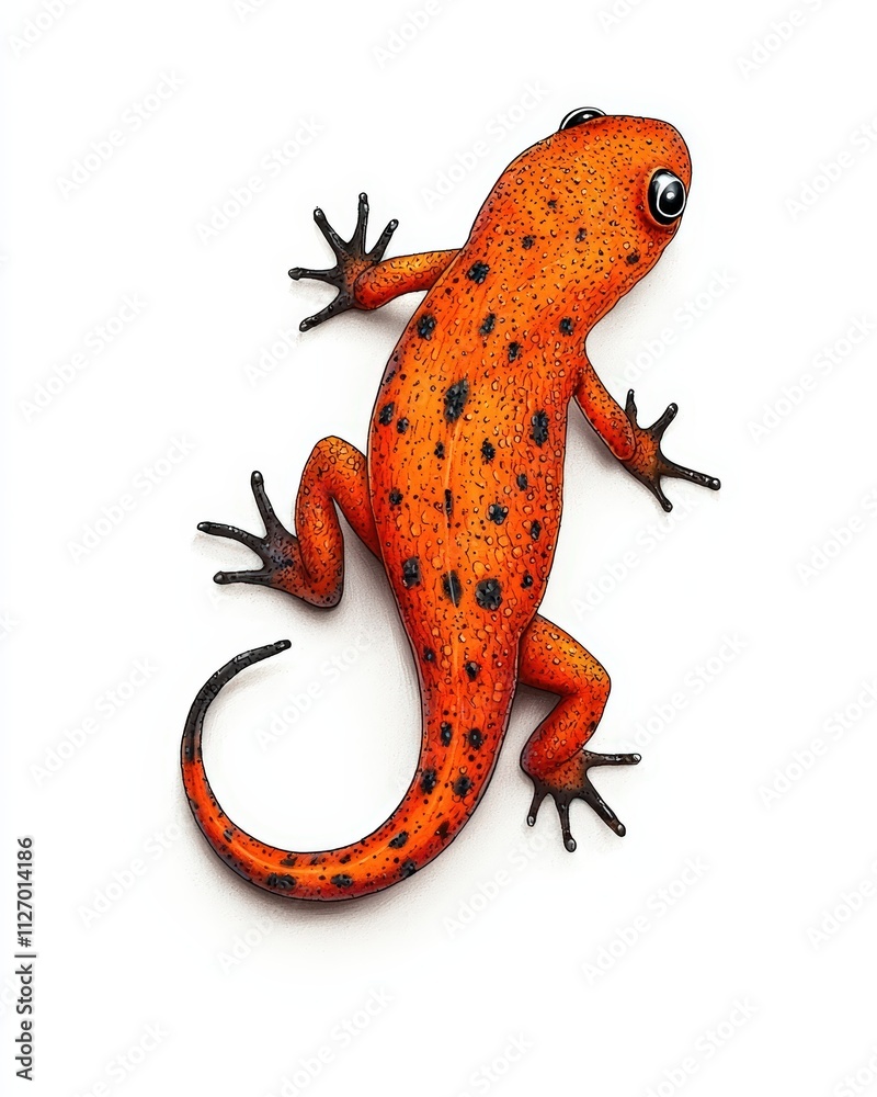 Vibrant Orange Newt on White Background with Distinctive Black Spots and Glossy Texture Vibrant Orange Newt on White Background with Distinctive Black Spots and Glossy Texture