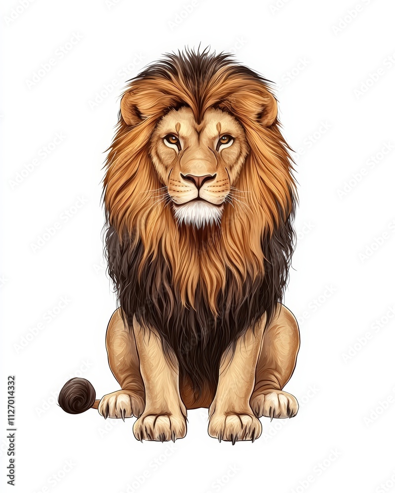 Obraz premium Detailed Illustration of a Regal Lion with Majestic Mane Sitting Proudly on a White Background