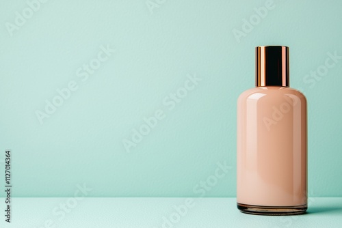 Sleek cosmetic bottle standing on light green backdrop: modern beauty concept photo