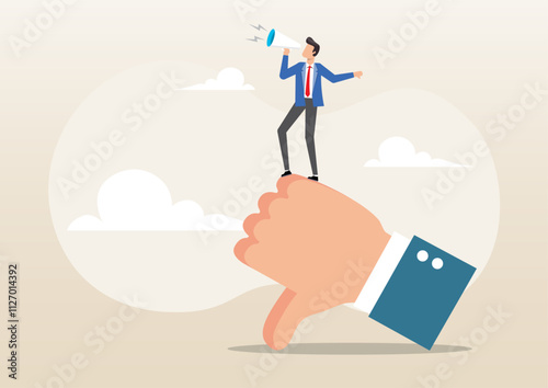 Bad businessman with megaphone discredit and blaming other people
