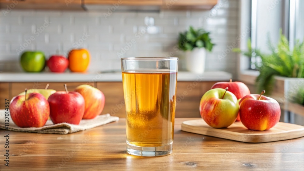 An apple glass of juice on a kitchen counter An apple glass of juice on a kitchen counter