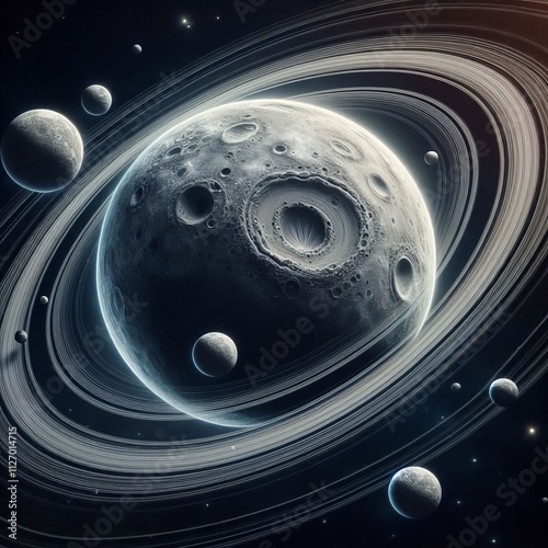 Ringed Moon with Volcanic Moonlets A large ringed moon is orbite photo