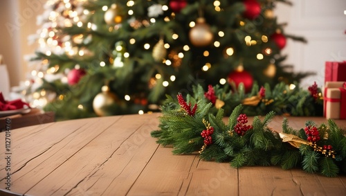
A bright living room with a wooden table and a decorated Christmas tree, with a soft, glowing effect.A wooden table in front of a blurred background with Christmas decorations, including a tree, garl
