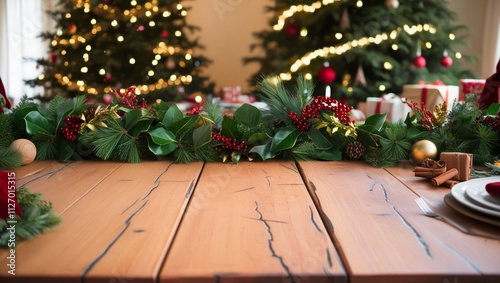 
A bright living room with a wooden table and a decorated Christmas tree, with a soft, glowing effect.A wooden table in front of a blurred background with Christmas decorations, including a tree, garl