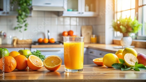 A citrus glass of juice on a kitchen counter