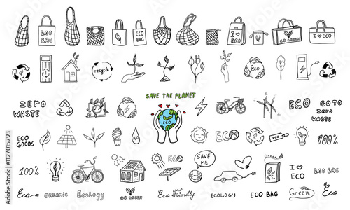 Large set of ecology icons. Sustainability, recycle, save the planet, eco friendly, eco bag, organic, no plastic, go green, zero waste, reduce, ecological lifestyle, nature conservation. Hand drawn
