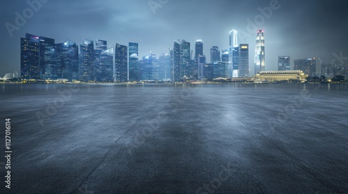 A moody cityscape featuring modern skyscrapers against a dark, reflective foreground.