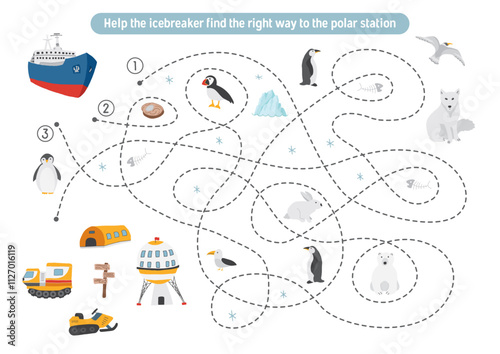 Labyrinth, Maze game for children. Logical puzzle for kids. Quest to find the right path for an icebreaker to polar station. Vector illustration
