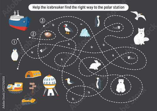 Labyrinth, Maze game for children. Logical puzzle for kids. Quest to find the right path for an icebreaker to polar station. Vector illustration