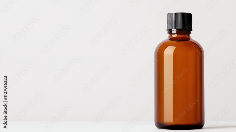Amber glass bottle with black cap standing on white background