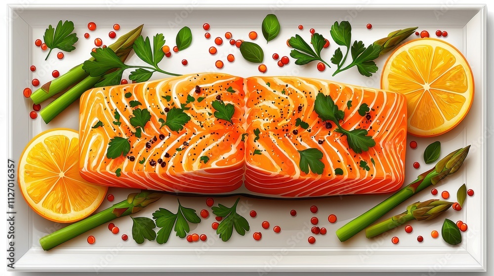 Fresh Salmon Fillet with Herbs and Lemon Slices on Elegant White Platter Fresh Salmon Fillet with Herbs and Lemon Slices on Elegant White Platter