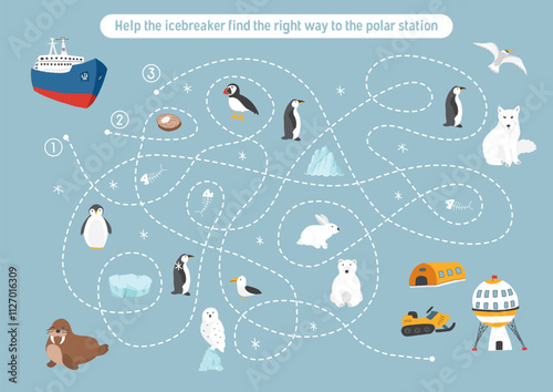 Labyrinth, Maze game for children. Logical puzzle for kids. Quest to find the right path for an icebreaker to polar station. Vector illustration