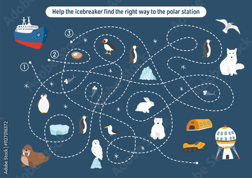 Labyrinth, Maze game for children. Logical puzzle for kids. Quest to find the right path for an icebreaker to polar station. Vector illustration