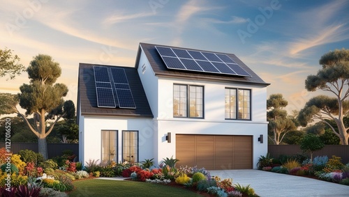 A beautiful, modern white two-story house with solar panels, windows, a garage, and a lovely garden surrounded by tall trees, set against a blue sunset sky.