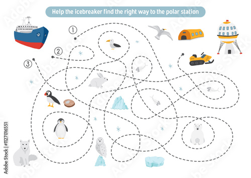 Labyrinth, Maze game for children. Logical puzzle for kids. Quest to find the right path for an icebreaker to polar station. Vector illustration