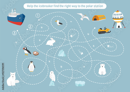 Labyrinth, Maze game for children. Logical puzzle for kids. Quest to find the right path for an icebreaker to polar station. Vector illustration