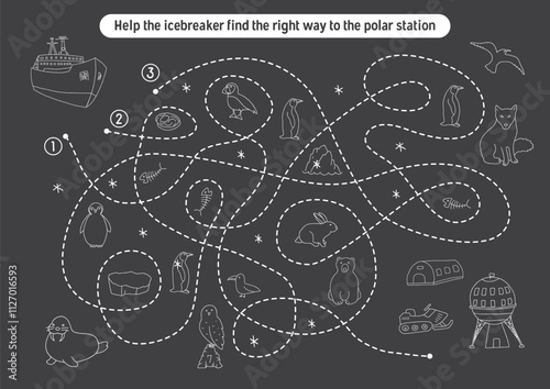 Labyrinth, Maze game for children. Logical puzzle for kids. Quest to find the right path for an icebreaker to polar station. Vector illustration