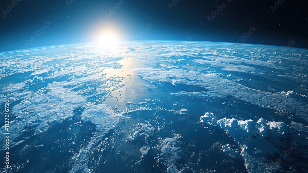 Fototapeta premium Breathtaking Aerial View of Earth with Vibrant Blue Oceans and White Clouds Underneath a Stunning Sunrise in the Atmosphere of Space