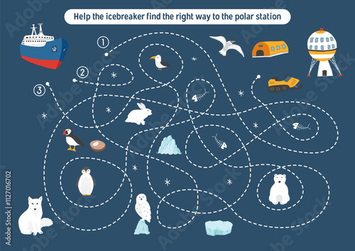Labyrinth, Maze game for children. Logical puzzle for kids. Quest to find the right path for an icebreaker to polar station. Vector illustration