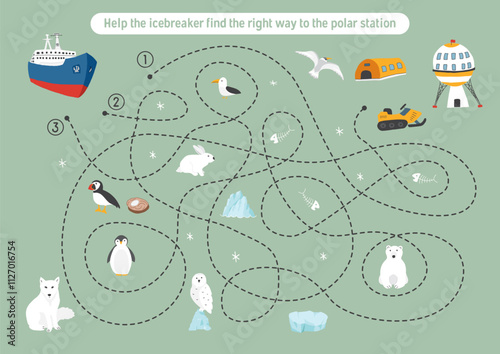 Labyrinth, Maze game for children. Logical puzzle for kids. Quest to find the right path for an icebreaker to polar station. Vector illustration