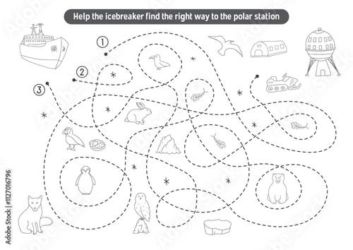 Labyrinth, Maze game for children. Logical puzzle for kids. Quest to find the right path for an icebreaker to polar station. Vector illustration