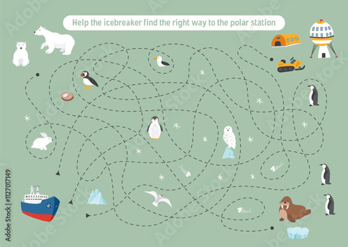 Labyrinth, Maze game for children. Logical puzzle for kids. Quest to find the right path for an icebreaker to polar station. Vector illustration