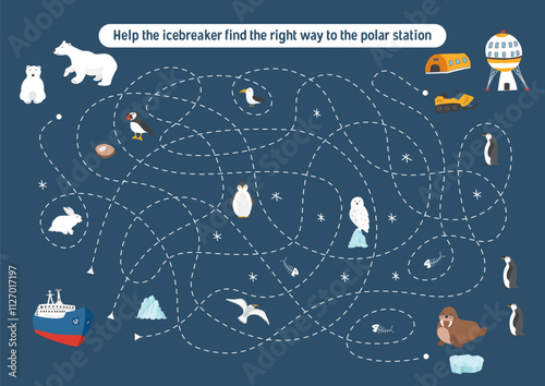 Labyrinth, Maze game for children. Logical puzzle for kids. Quest to find the right path for an icebreaker to polar station. Vector illustration