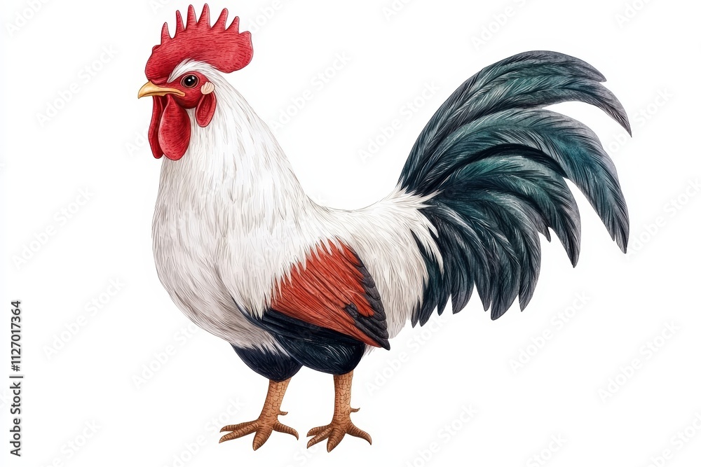 Fototapeta premium Vibrant Hand-Drawn Rooster with Detailed Feathers and Bright Colors Against a White Background