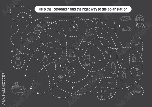 Labyrinth, Maze game for children. Logical puzzle for kids. Quest to find the right path for an icebreaker to polar station. Vector illustration