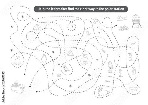 Labyrinth, Maze game for children. Logical puzzle for kids. Quest to find the right path for an icebreaker to polar station. Vector illustration
