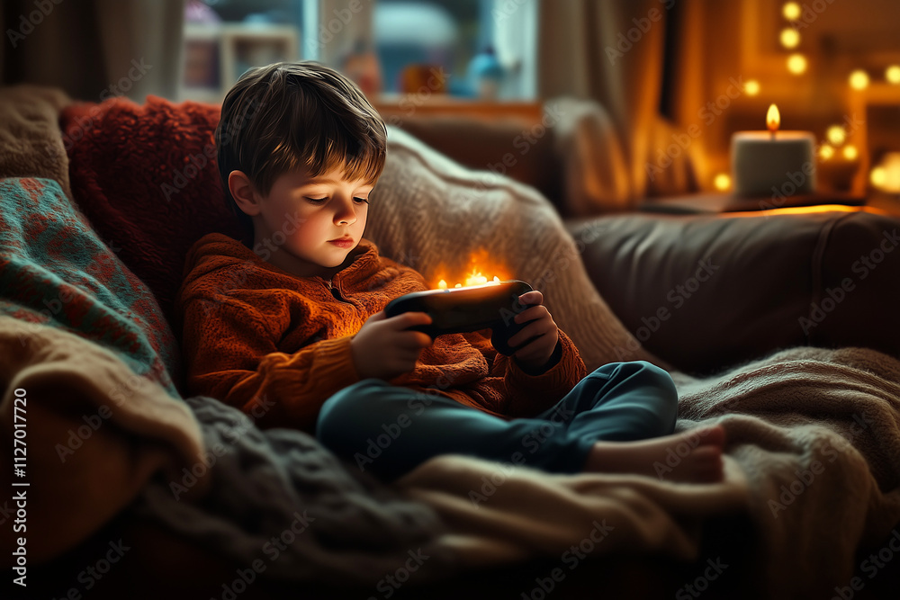 A child sitting on a couch playing on a handheld console, surrounded by cozy blankets. The lighting is warm and inviting A child sitting on a couch playing on a handheld console, surrounded by cozy blankets. The lighting is warm and inviting