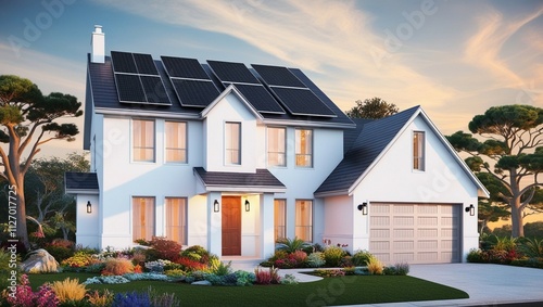 A beautiful, modern white two-story house with solar panels, windows, a garage, and a lovely garden surrounded by tall trees, set against a blue sunset sky.