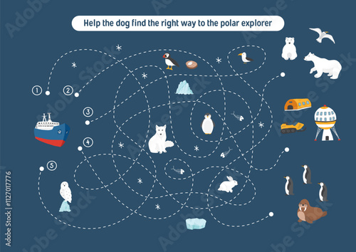 Labyrinth, Maze game for children. Logical puzzle for kids. Quest to find the right path for an icebreaker to polar station. Vector illustration