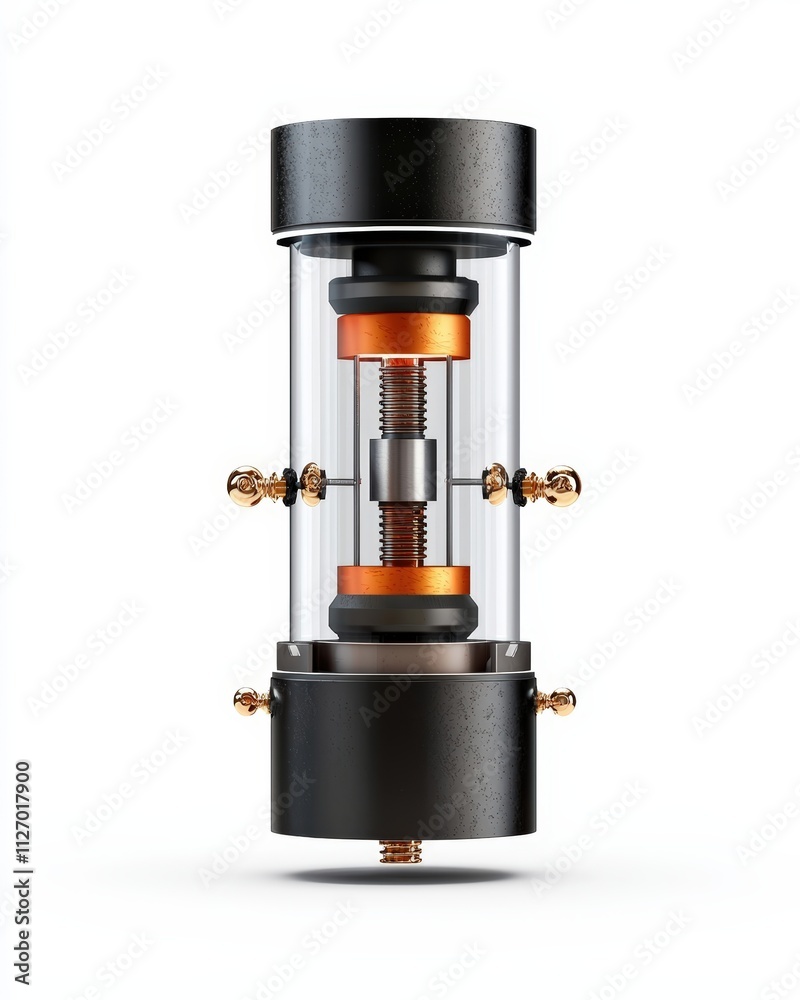 Transparent Cylinder Component with Metal and Orange Elements on a White Background Transparent Cylinder Component with Metal and Orange Elements on a White Background