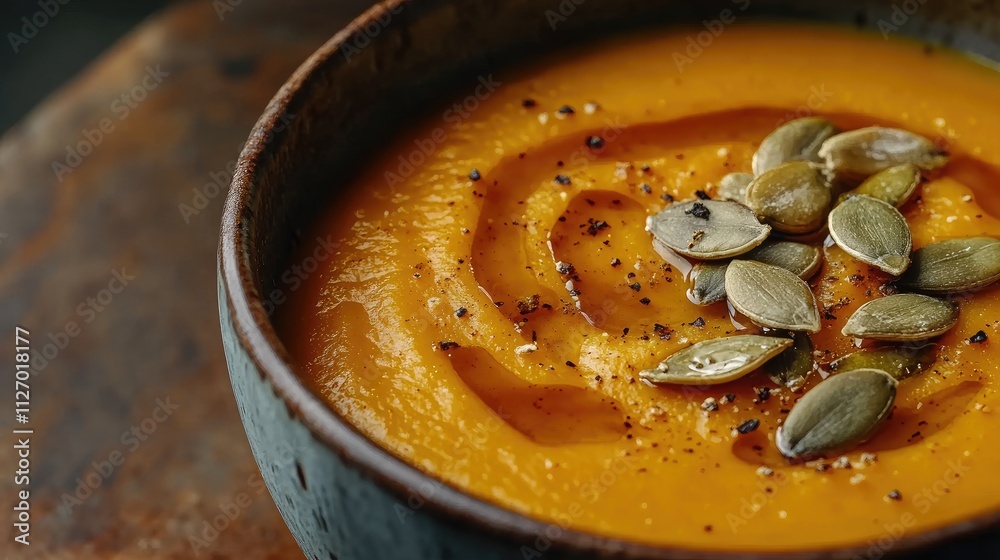 A bowl of creamy pumpkin soup topped with roasted pumpkin seeds and drizzled with olive oil, capturing the essence of fall A bowl of creamy pumpkin soup topped with roasted pumpkin seeds and drizzled with olive oil, capturing the essence of fall