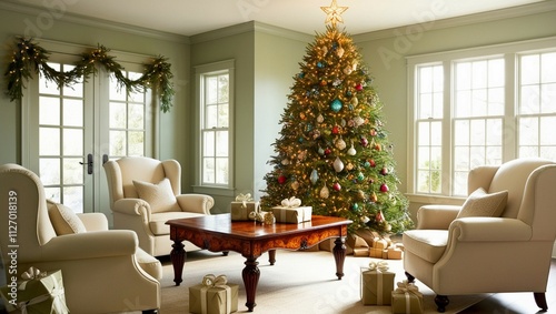 Christmas ornaments and lights, a window overlooking the garden, a central table, and a blurred corner sofa.
