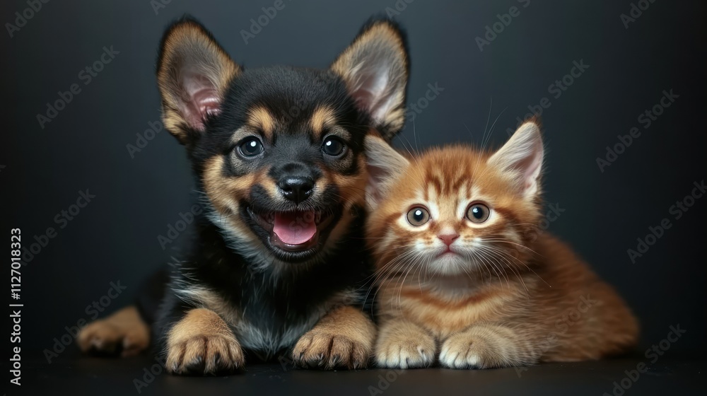 A playful puppy and a curious kitten pose together against a dark background. A playful puppy and a curious kitten pose together against a dark background.