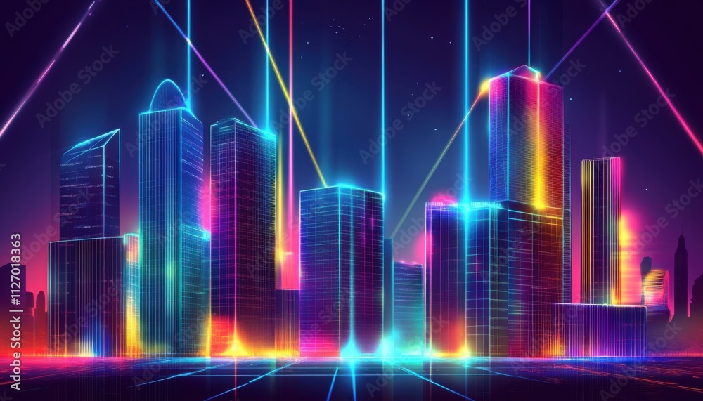 Neon Cityscape 80s Retro Futuristic Skyline Vibrant Colors Neon Cityscape 80s Retro Futuristic Skyline Vibrant Colors