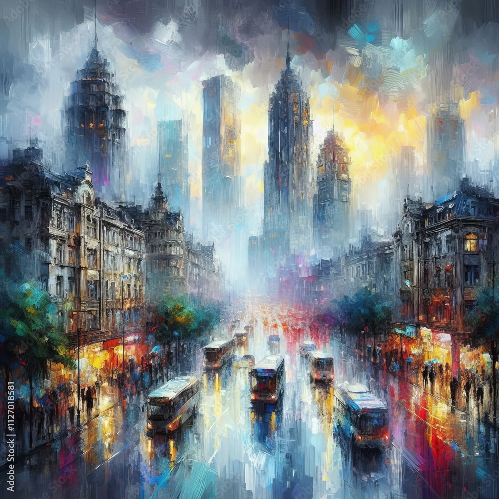 Impressionistic Cityscape Use washes of color to capture the haz