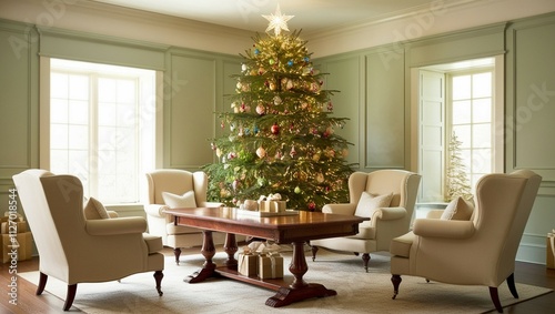 Christmas ornaments and lights, a window overlooking the garden, a central table, and a blurred corner sofa.