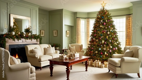 Christmas ornaments and lights, a window overlooking the garden, a central table, and a blurred corner sofa.