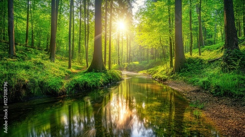 Serene forest scene with sunlight reflecting on water