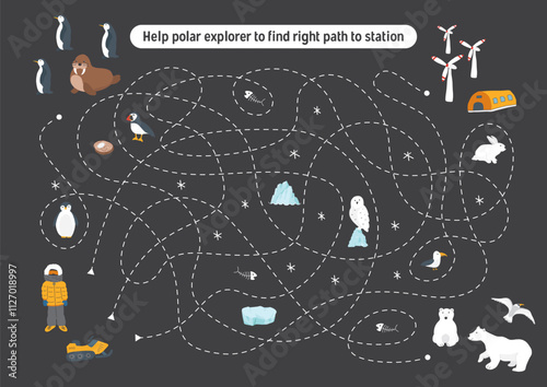 Labyrinth, Maze game for children. Logical puzzle for kids. Quest to find the right path for a polar explorer to polar station. Vector illustration.