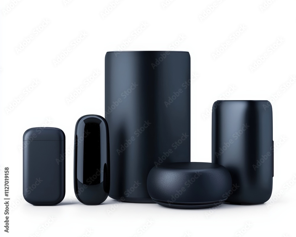 Modern Minimalist Black Smart Speakers and Devices on a Clean White Background Modern Minimalist Black Smart Speakers and Devices on a Clean White Background