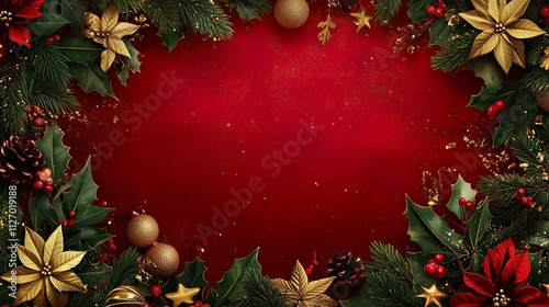 Vibrant red Christmas background bordered by pine branches, holly leaves, gold ornaments, and poinsettias, perfect for holiday-themed designs and seasonal decorations